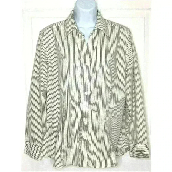 Chicos 2 top shirt button front long sleeve v neck white black gold stripe - Picture 1 of 6